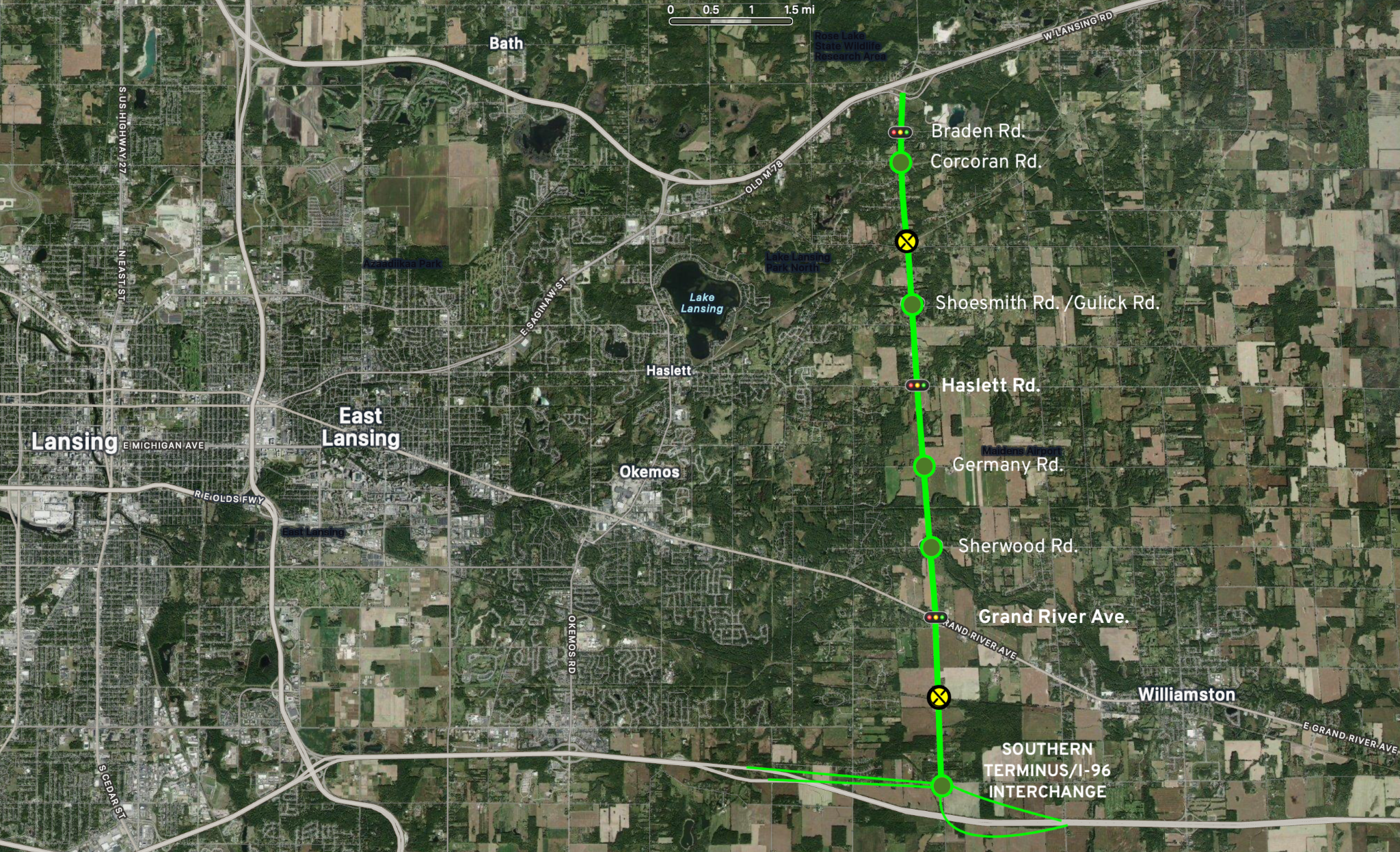 Conceptual route map for the Capital Region Eastern Greenway between I-69 and I-96