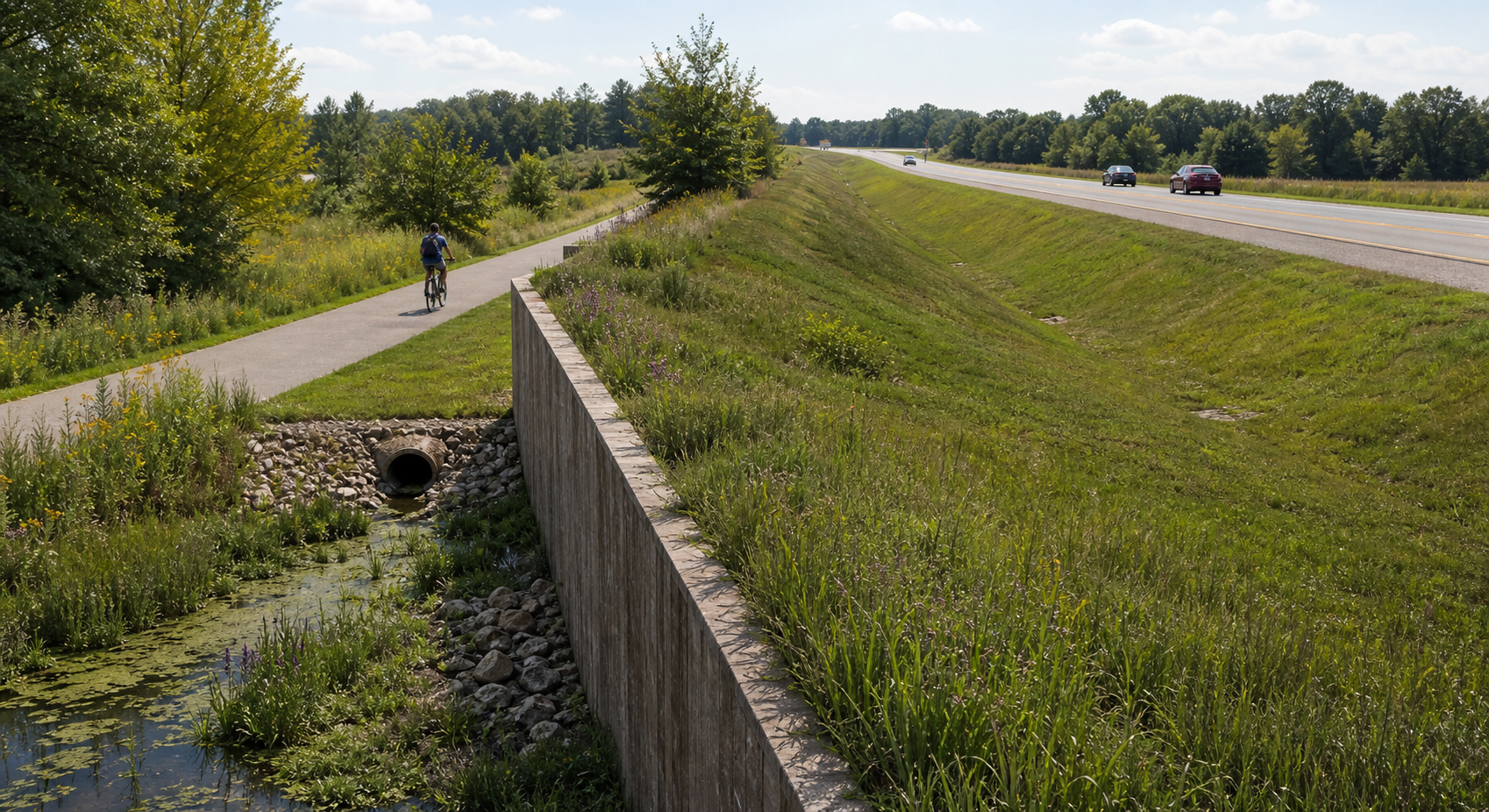 Conceptual landscape-facing Ha-Ha edge between a nonmotorized trail and roadway safety zone