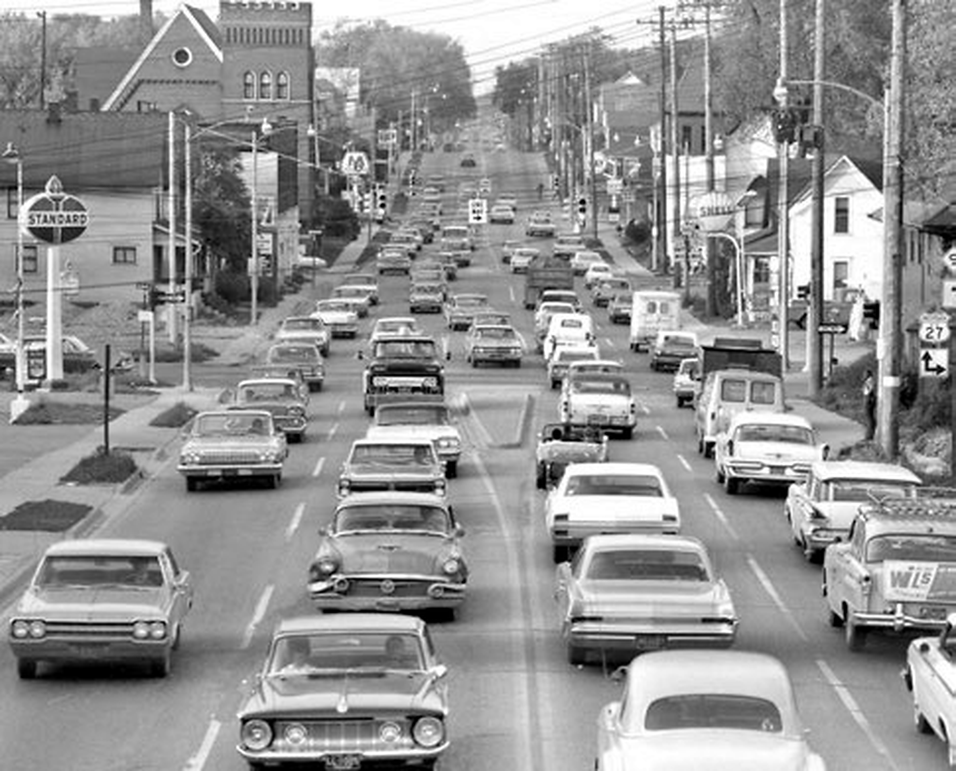 Historic view north on Logan Street across Main Street and St. Joseph Highway before I-496